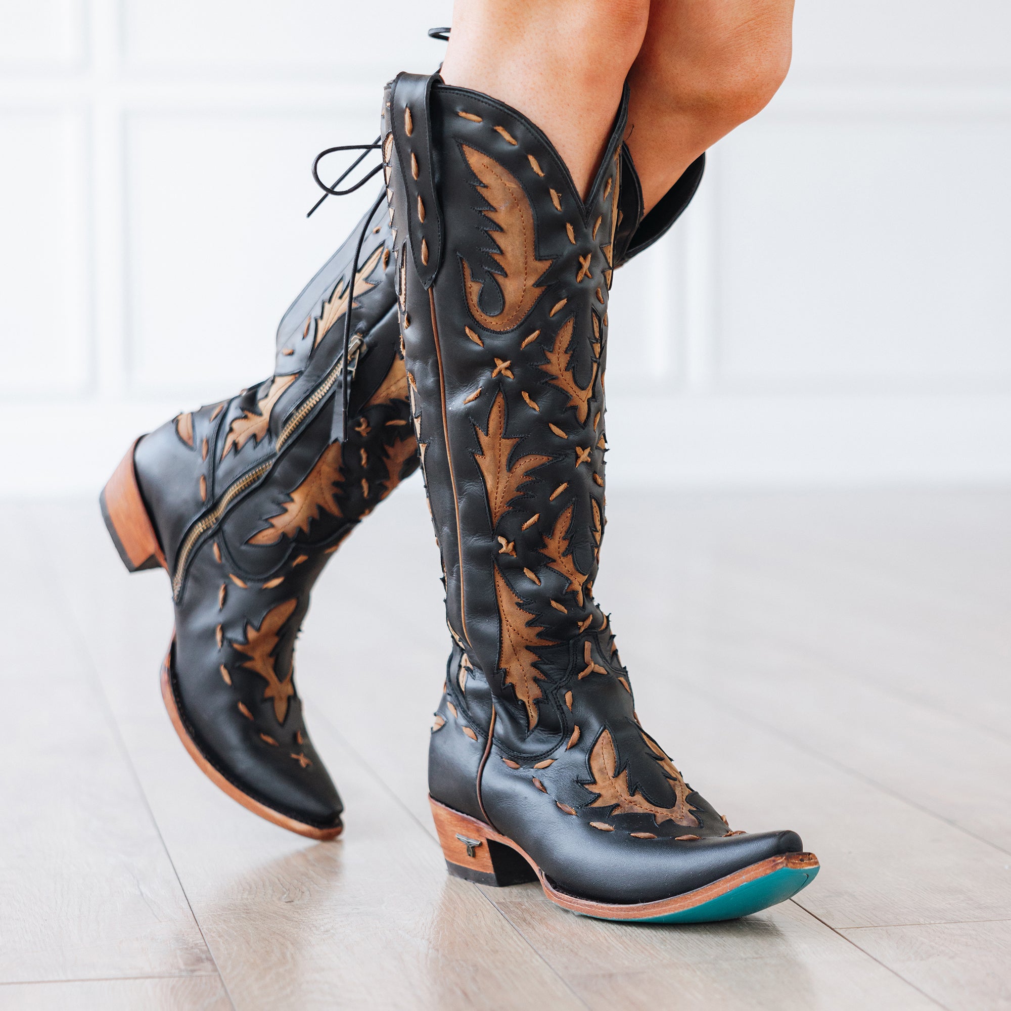 Reverie Knee High Corset - Jet Black and Burnt Caramel Ladies Boot Western Fashion by Lane