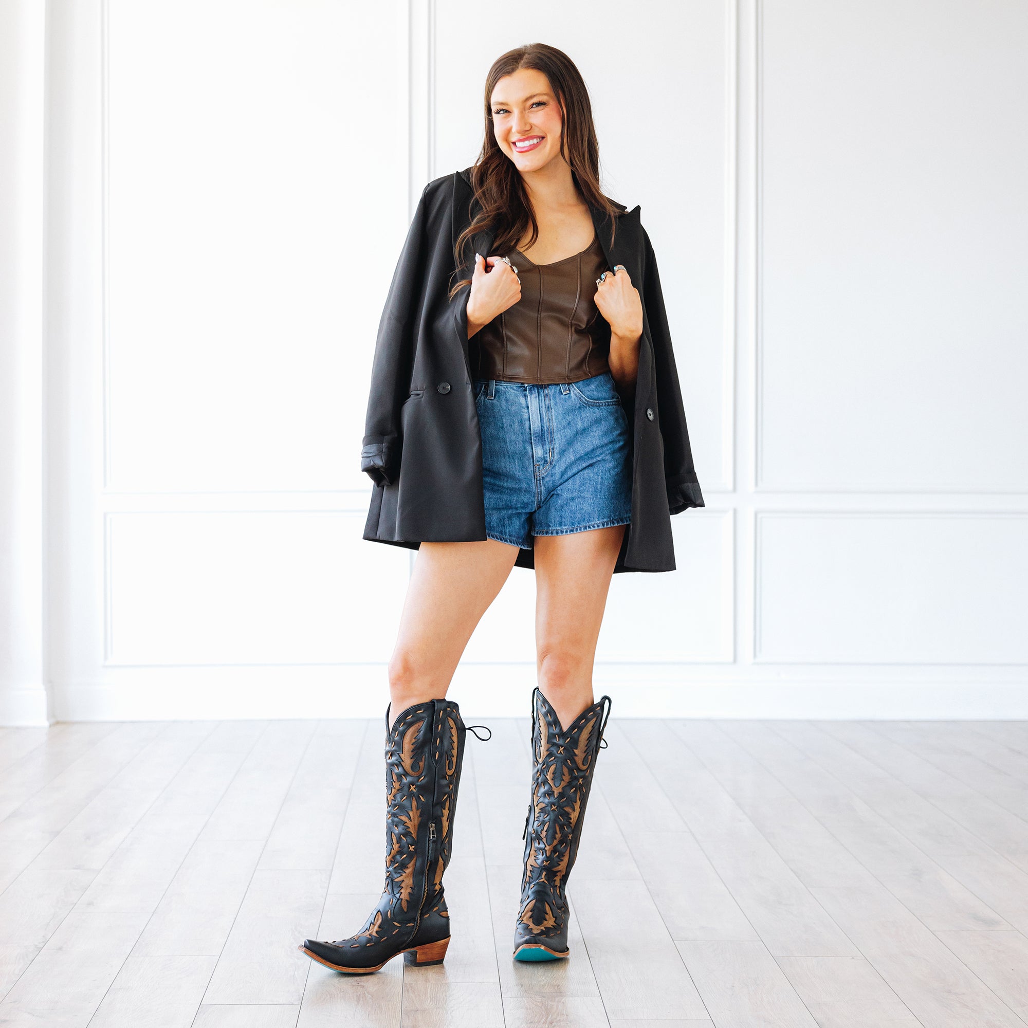 Reverie Knee High Corset - Jet Black and Burnt Caramel Ladies Boot Western Fashion by Lane