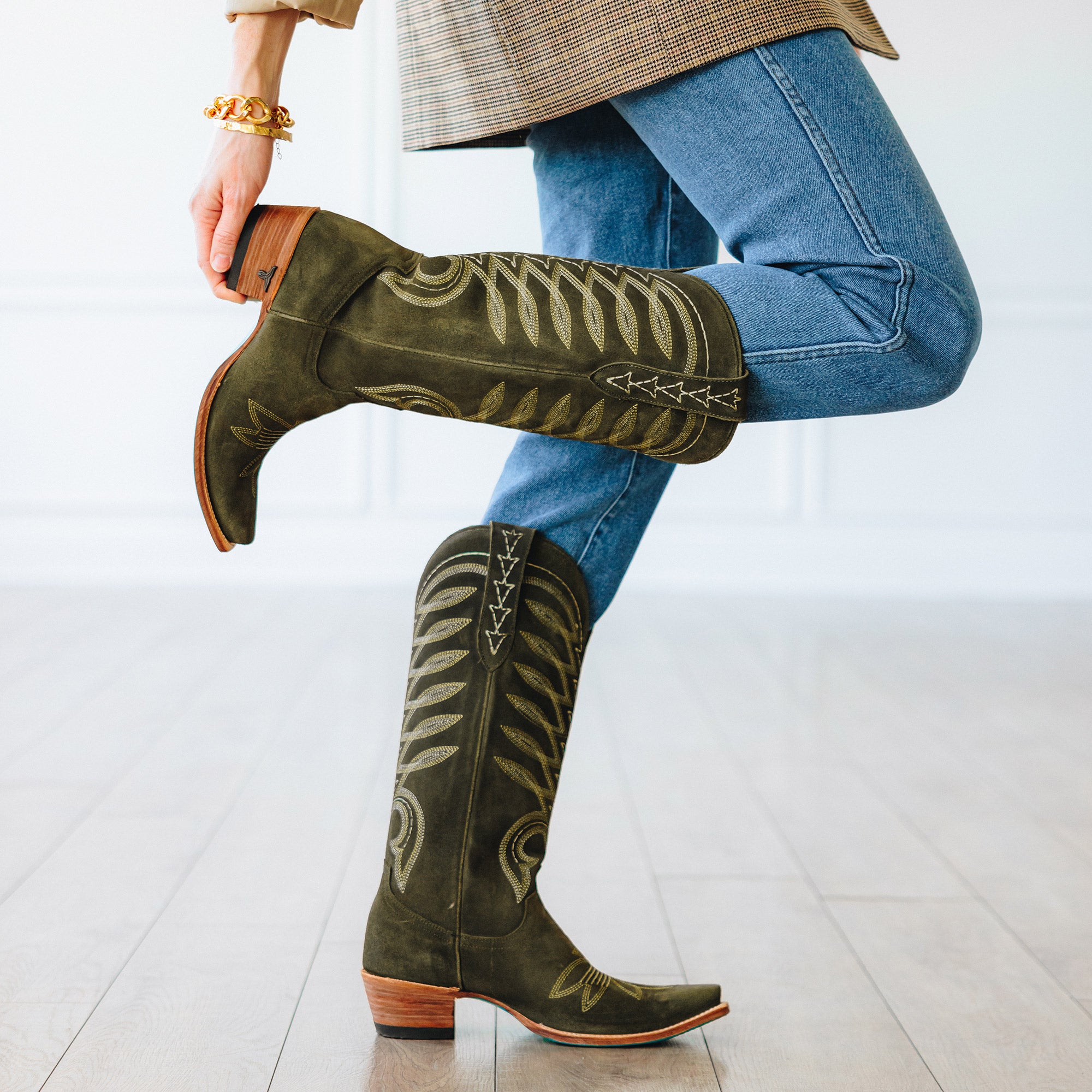 Squash Blossom Boot - Olive Suede Ladies Boot Western Fashion by Lane