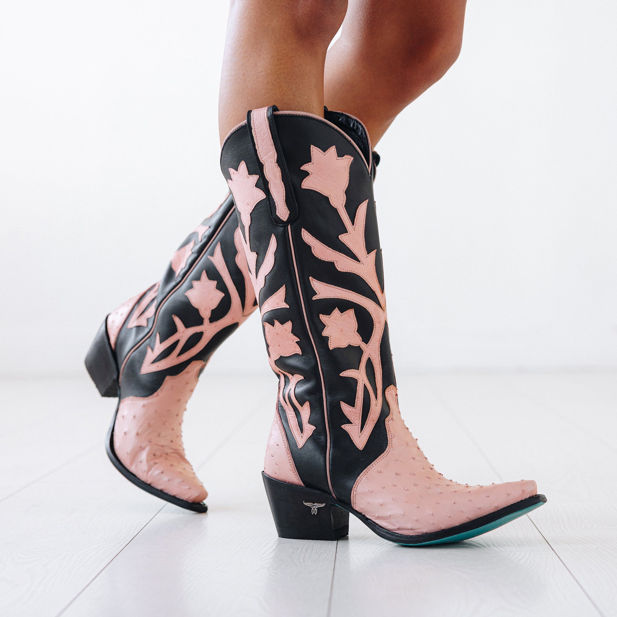 Jolene Exotic Boot - Blush Ostrich & Jet Black