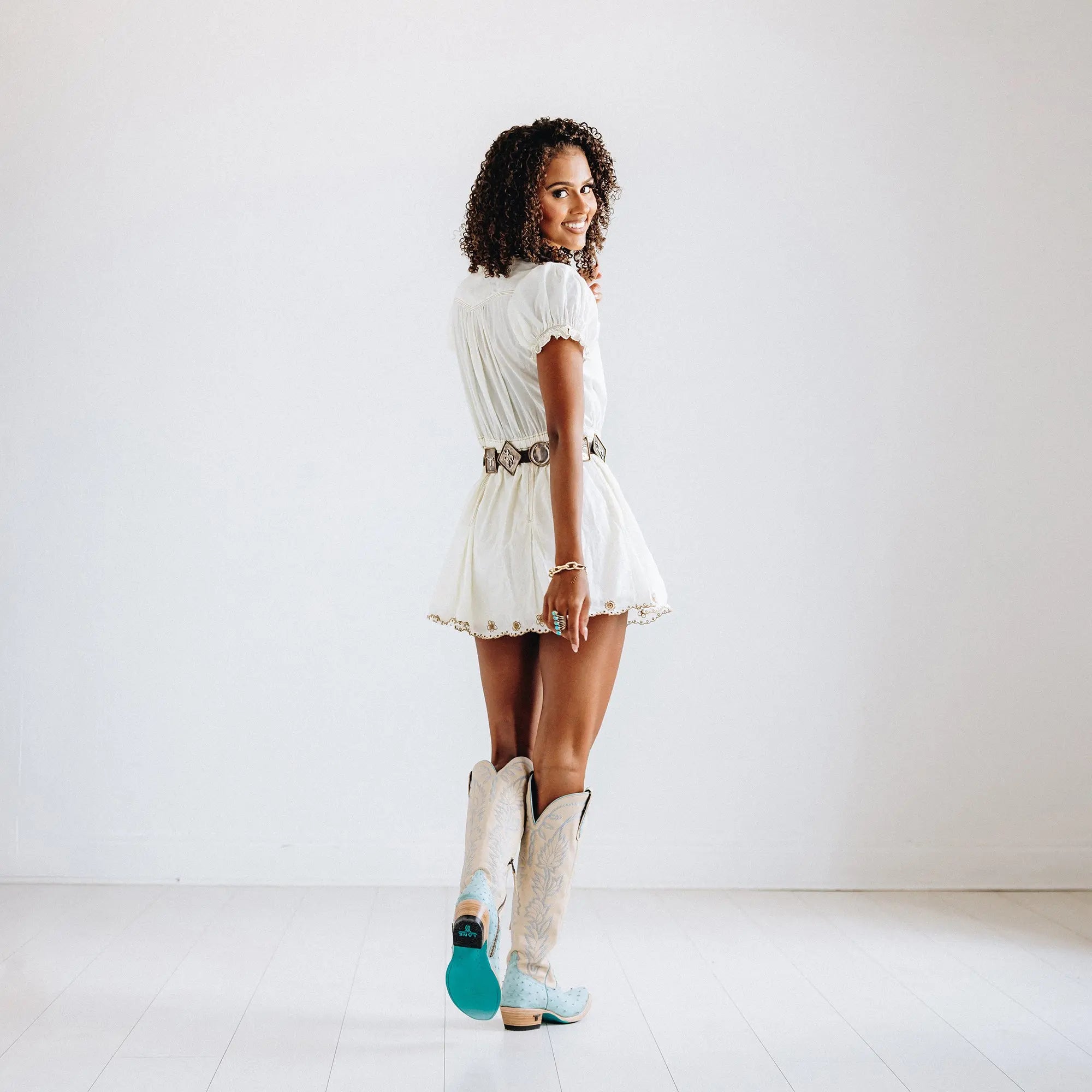 Sandaga Knee High - Powder Blue Ostrich Ladies Boot Western Fashion by Lane
