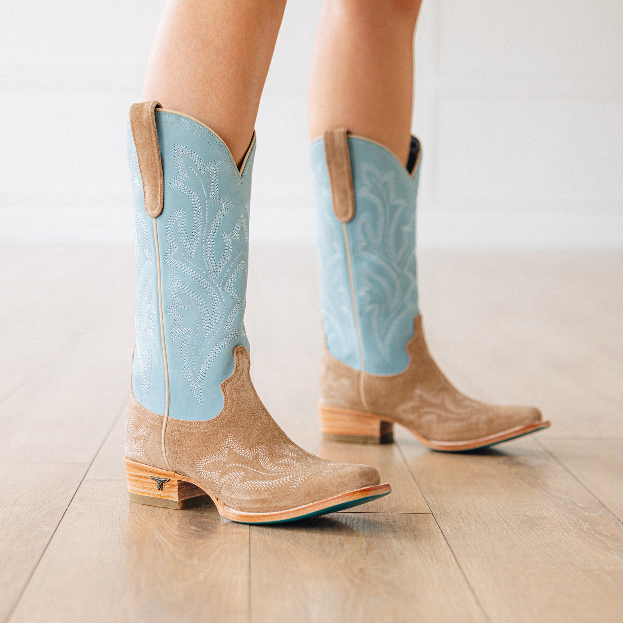 Saratoga Square Boot - Latte Suede and Powder Blue Ladies Boot Western Fashion by Lane
