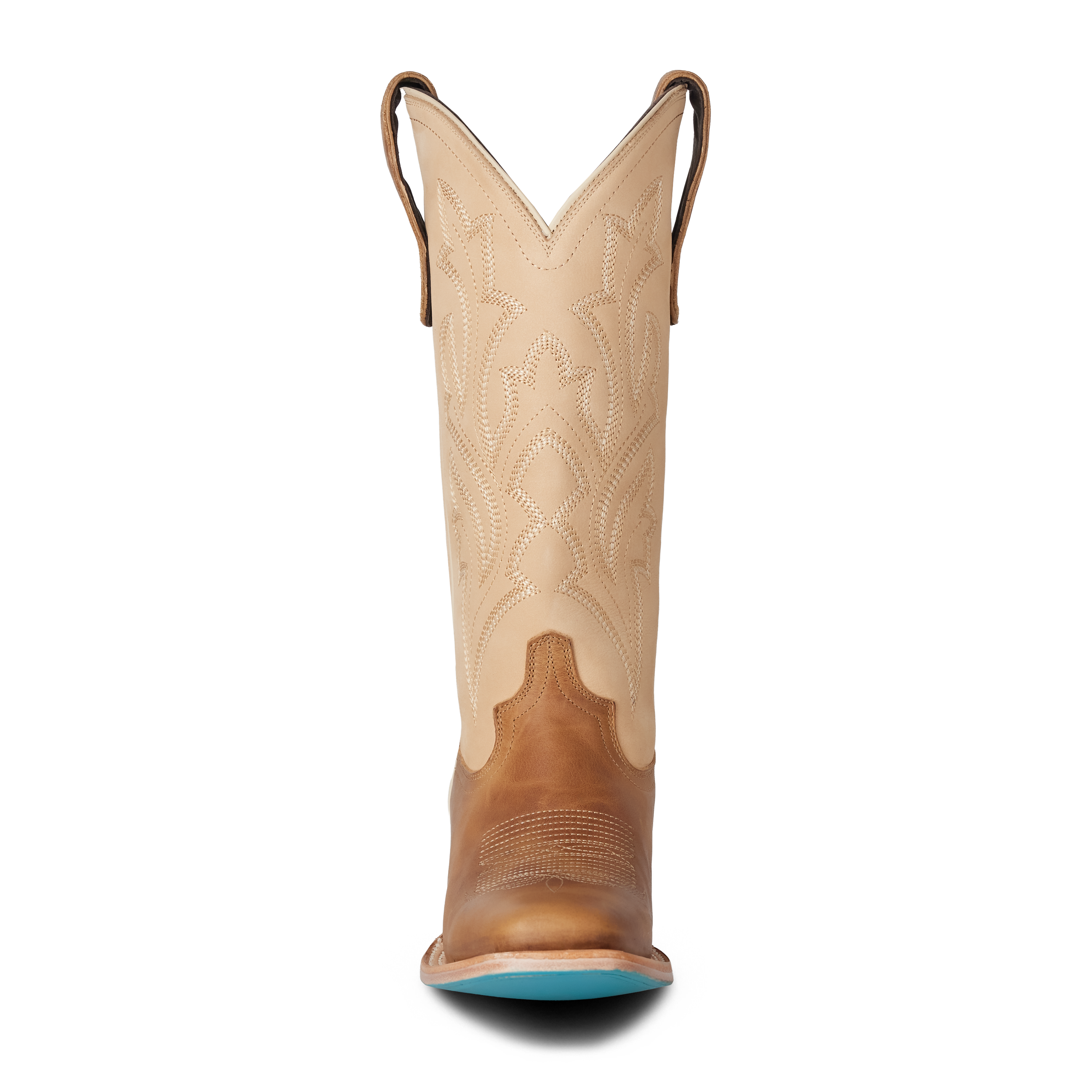 Tan cowboy boot with brown accents on a white background