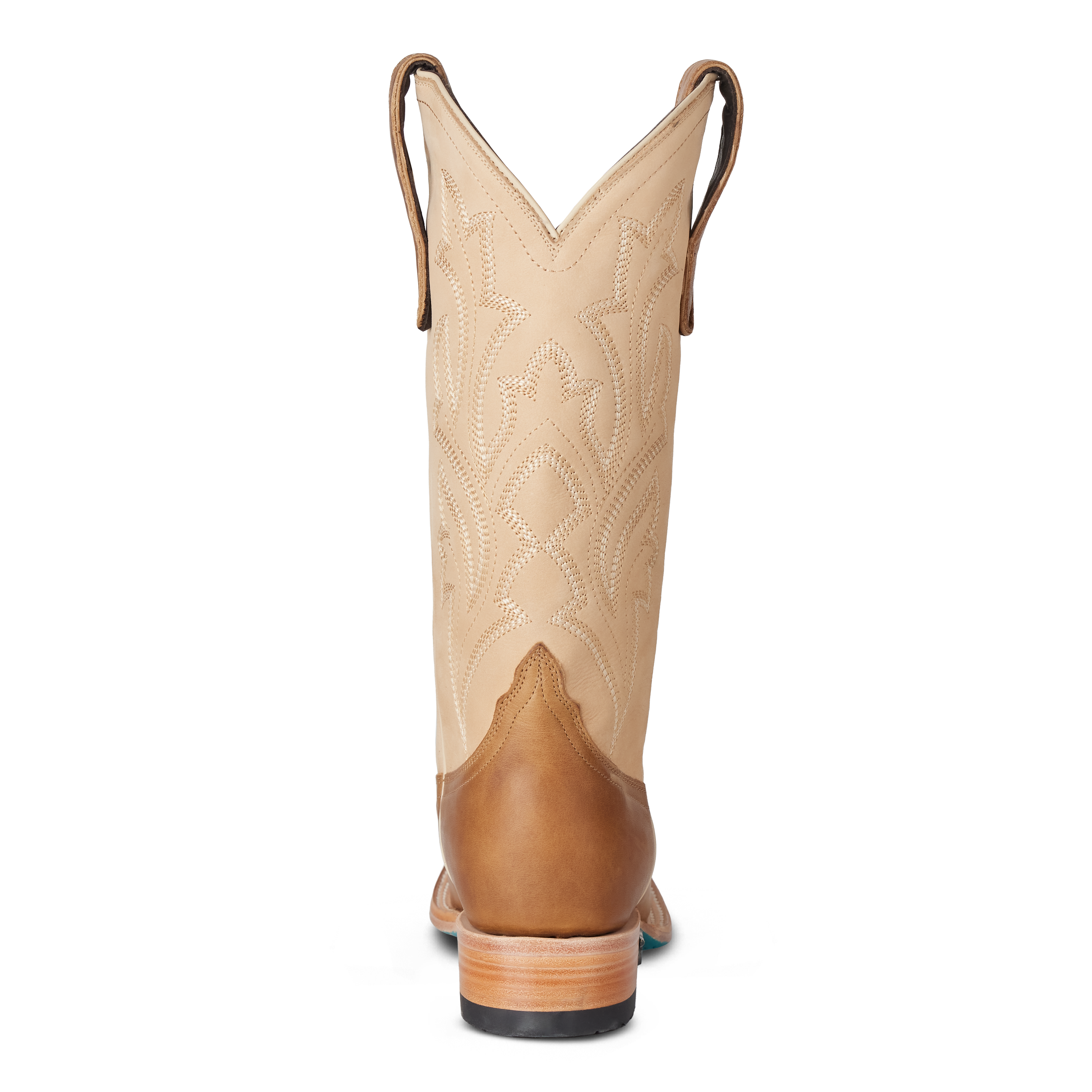 Tan cowboy boot with brown heel and sole on a white background