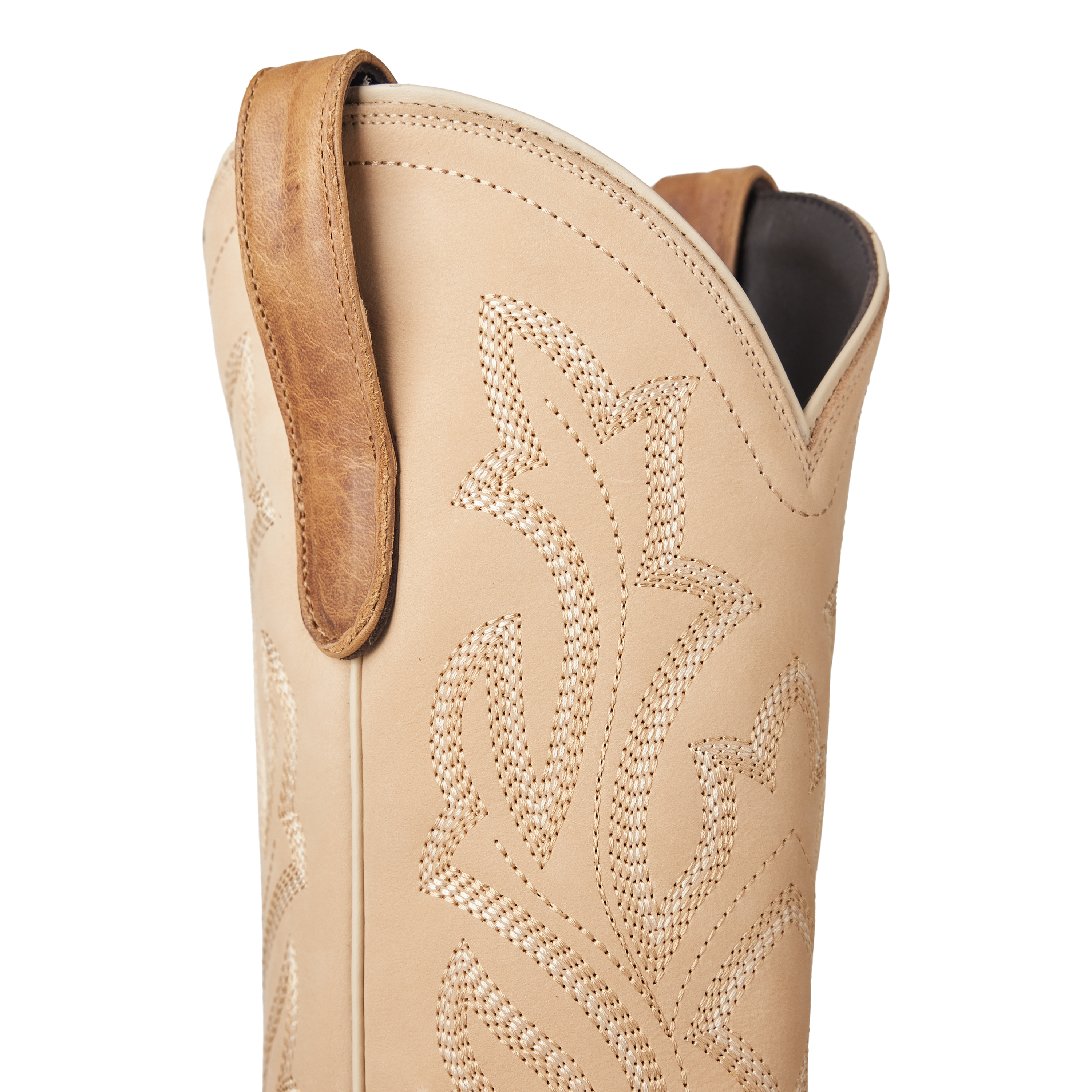Beige cowboy boot with brown leather trim on a white background