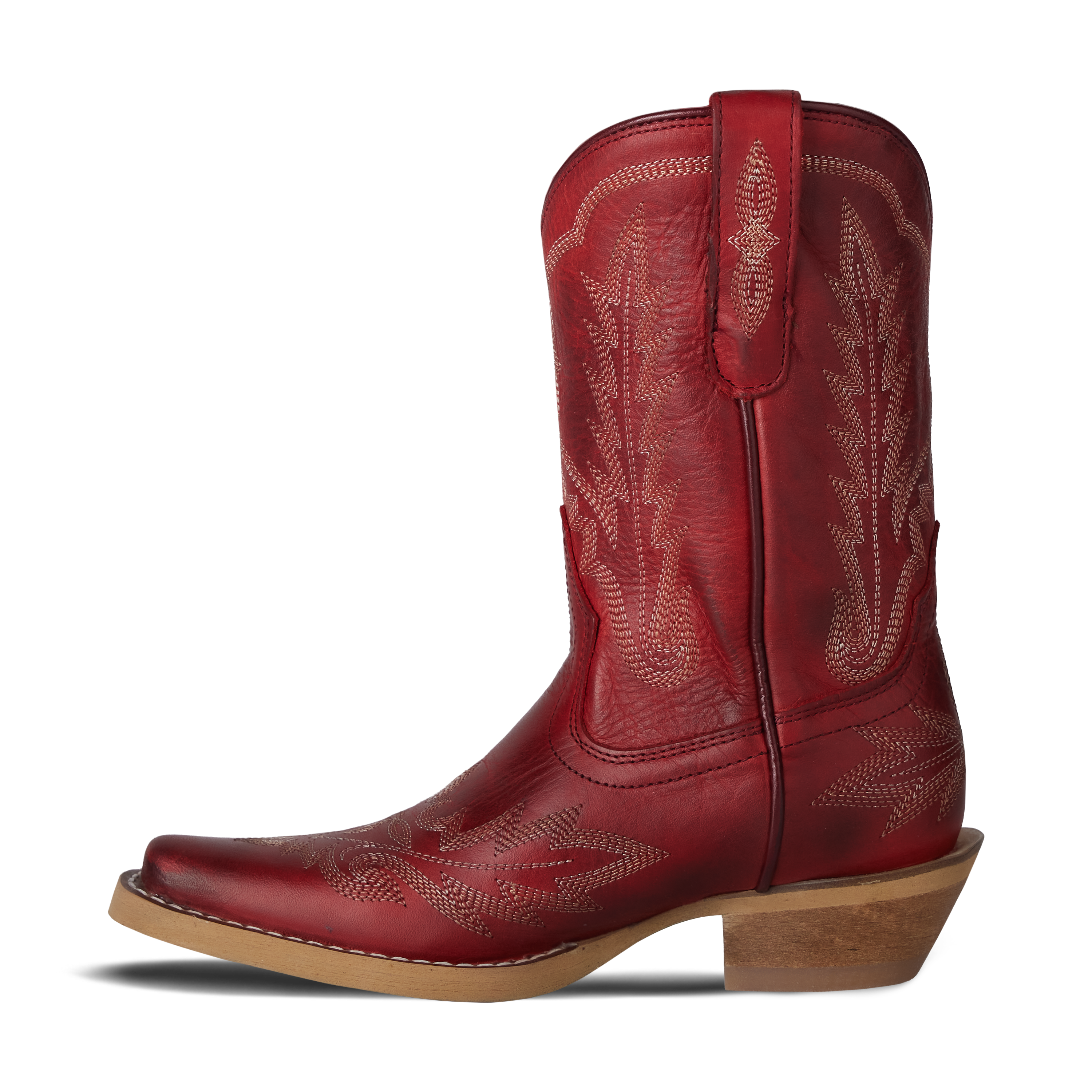Red cowboy boot with brown sole on a white background