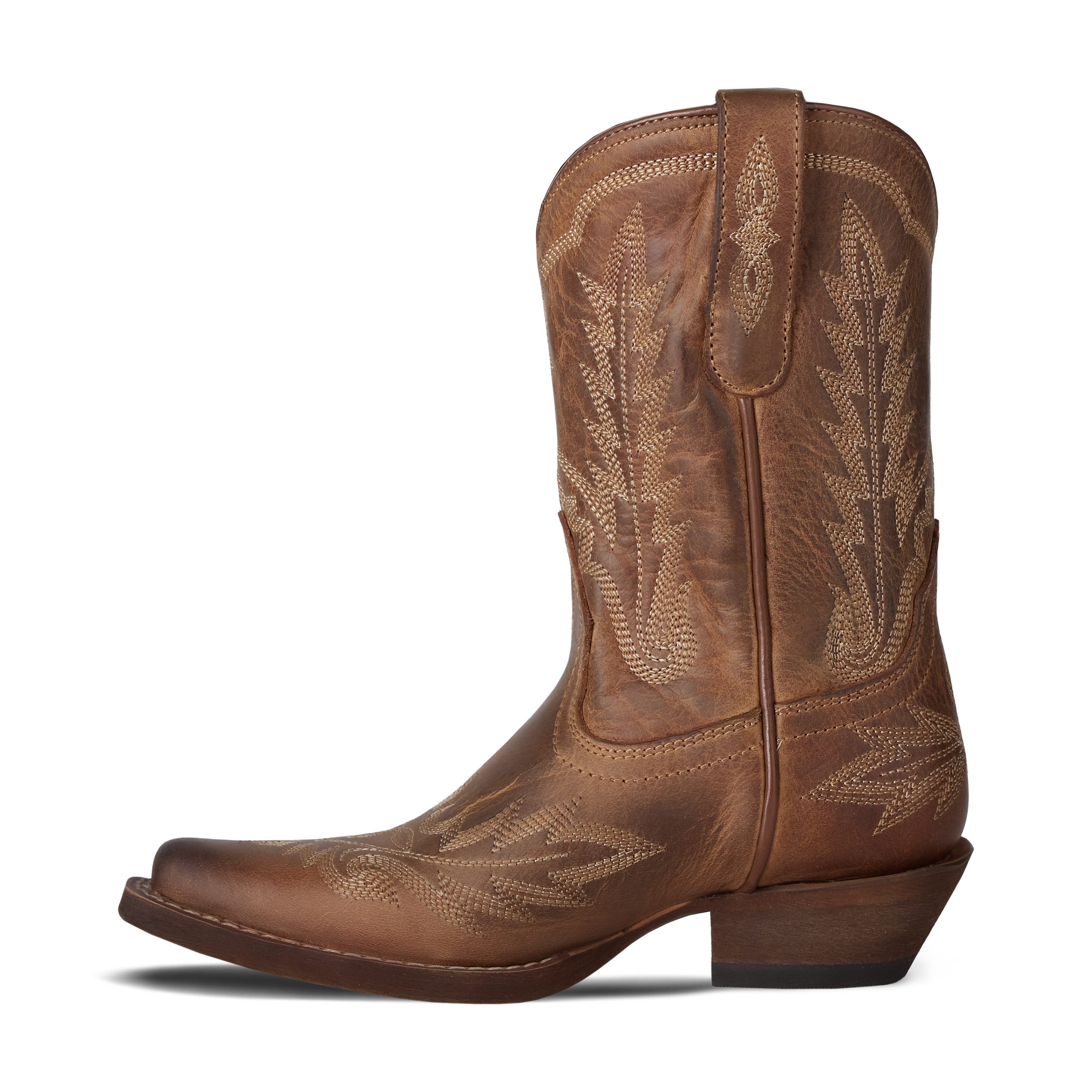Brown cowboy boot with intricate embossing on a white background