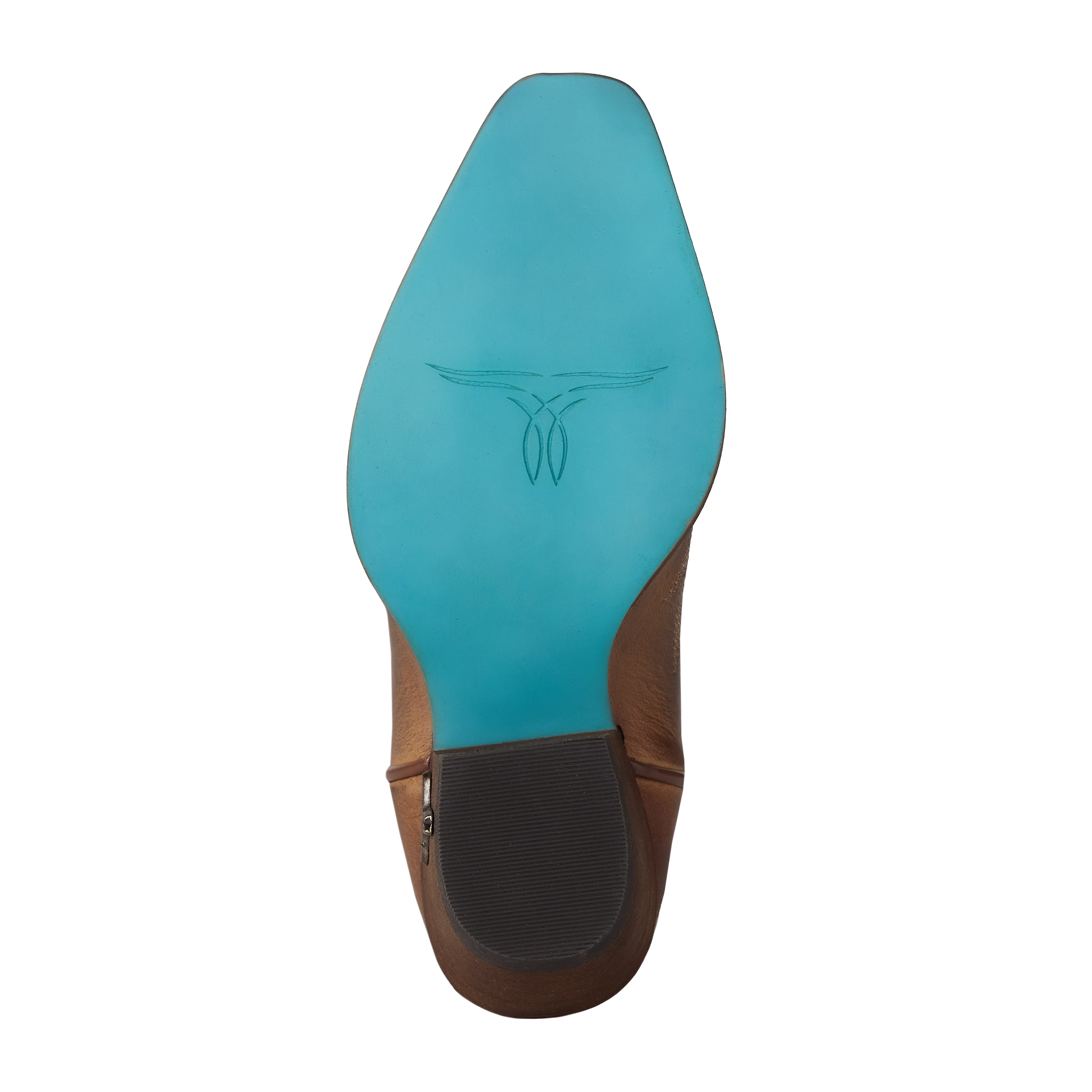 Teal sole of a shoe with a brand logo on a white background