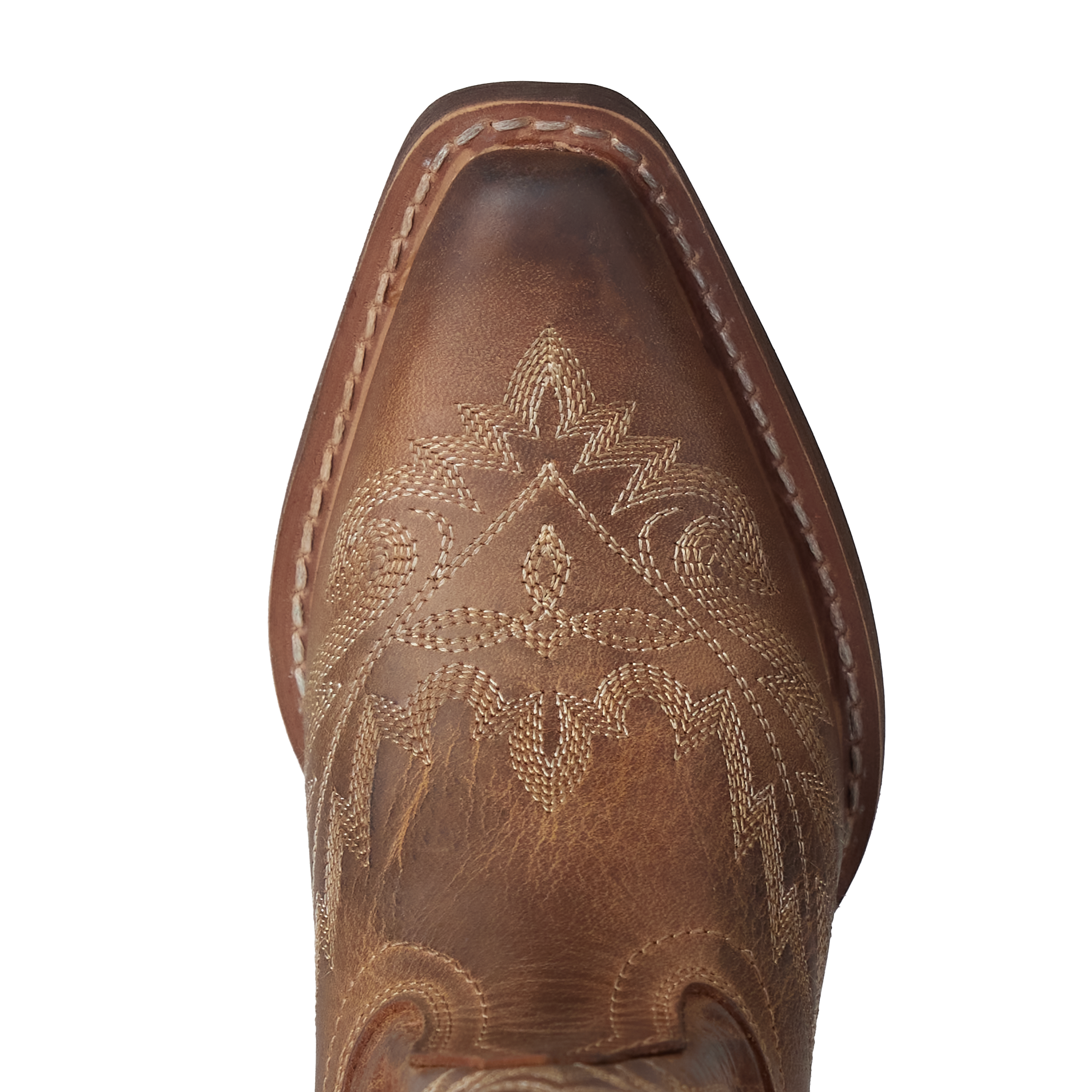 Close-up of a brown leather boot with intricate stitching on a white background