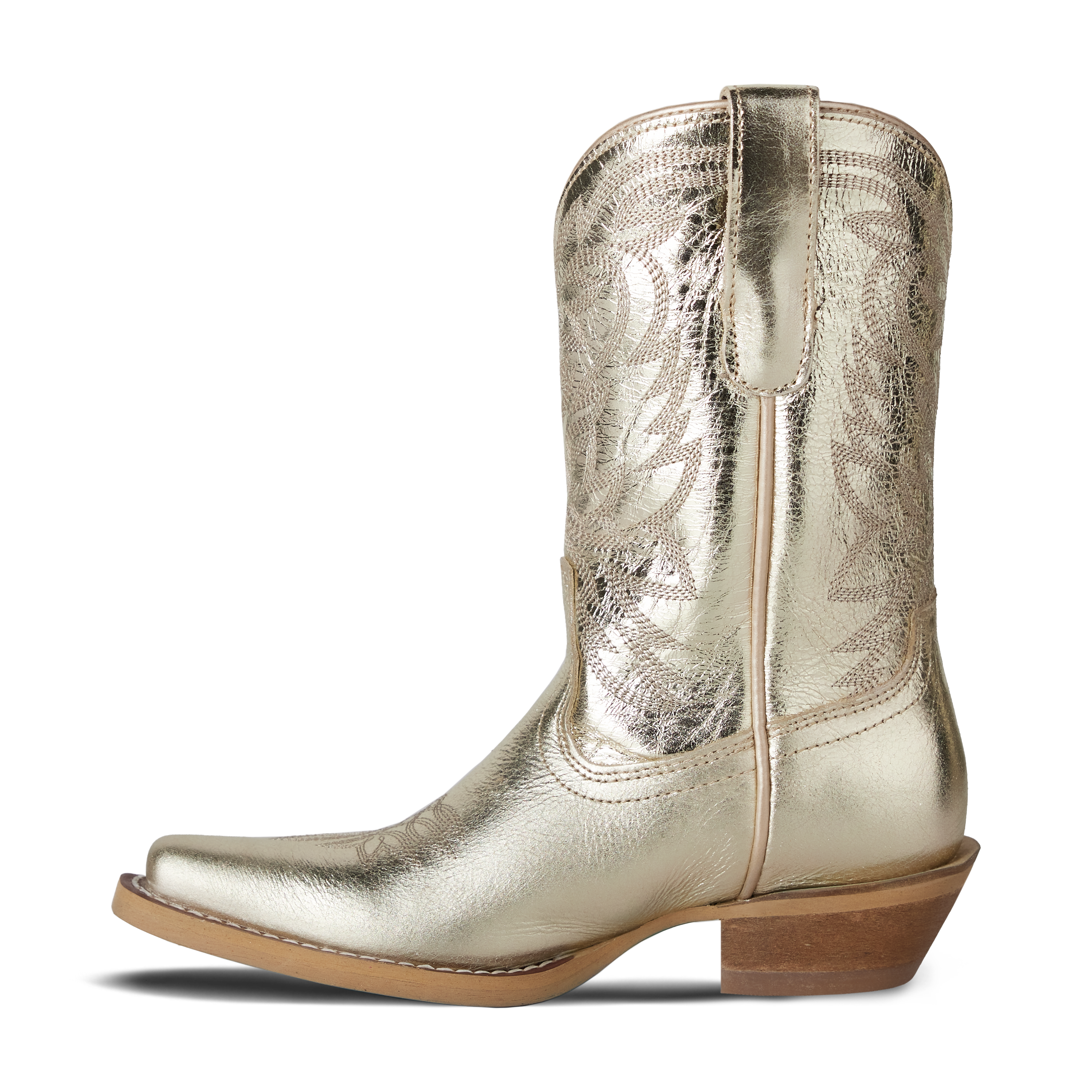 Silver metallic cowboy boot on a white background