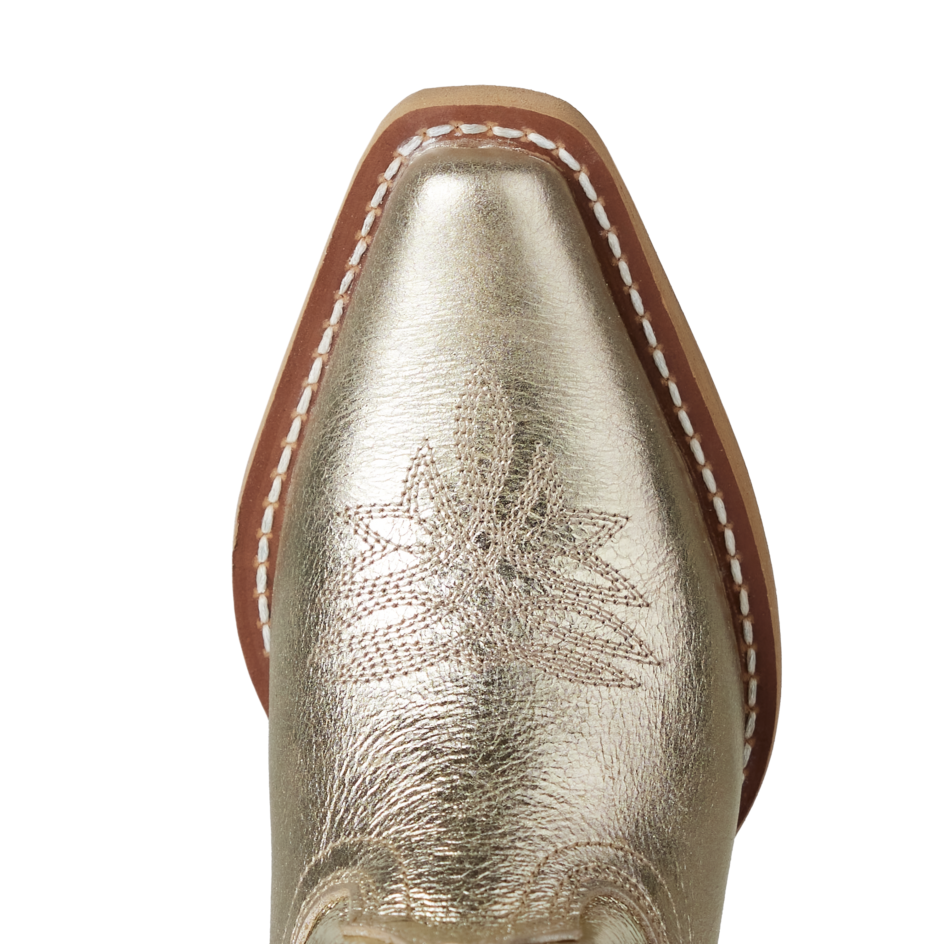 Close-up of a metallic gold boot with brown trim on a white background