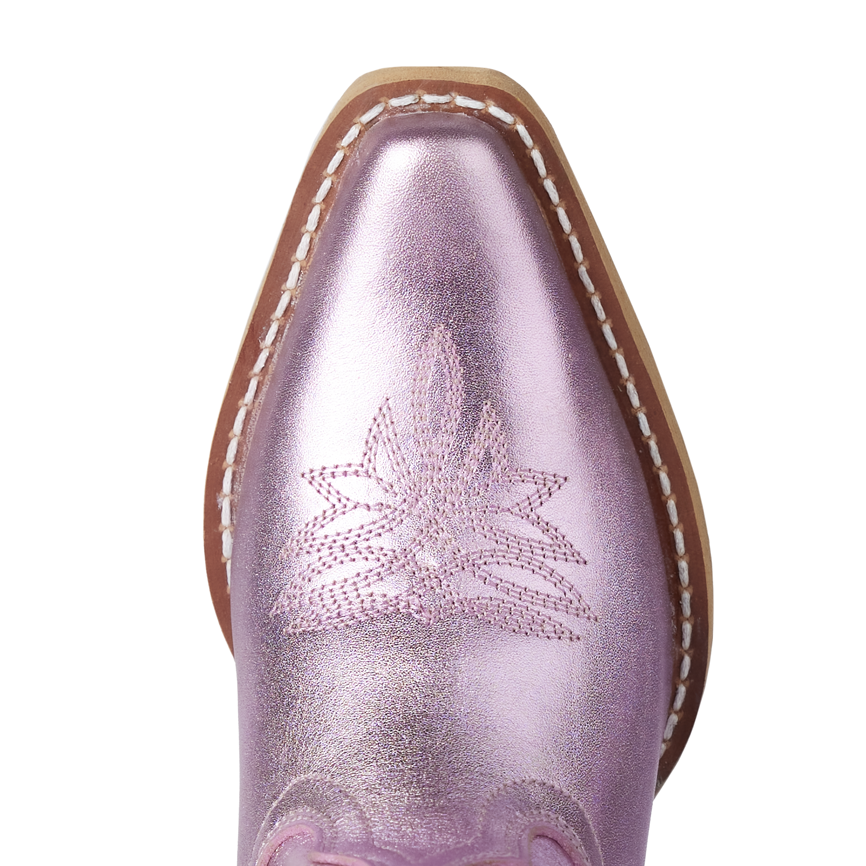 Close-up of a pink metallic cowboy boot with stitching detail on a white background