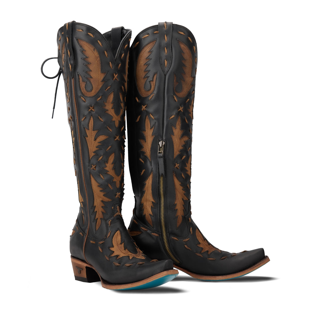 Reverie Knee High Corset - Jet Black and Burnt Caramel Ladies Boot Jet Black and Burnt Caramel Western Fashion by Lane