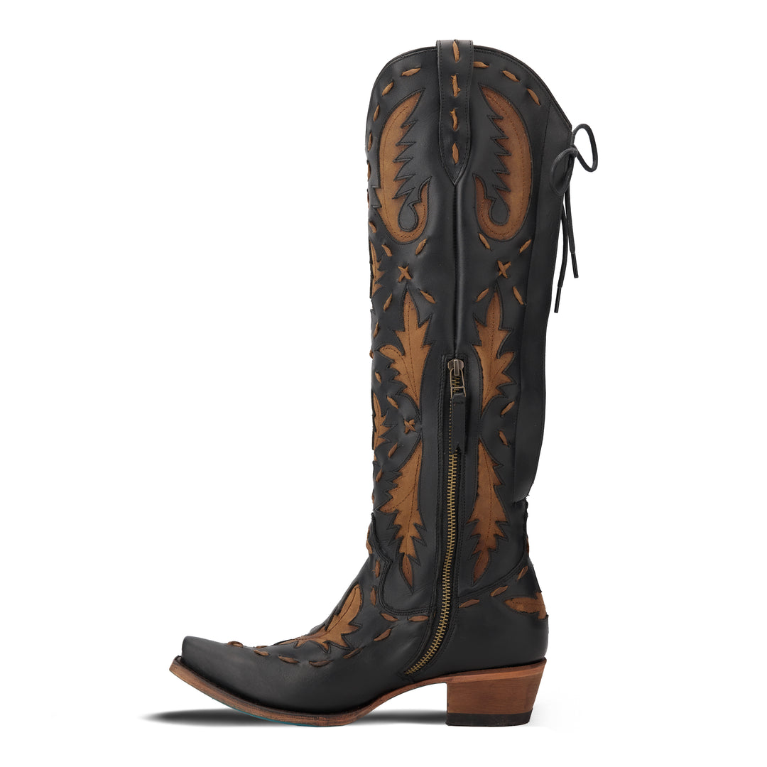 Reverie Knee High Corset - Jet Black and Burnt Caramel Ladies Boot Western Fashion by Lane