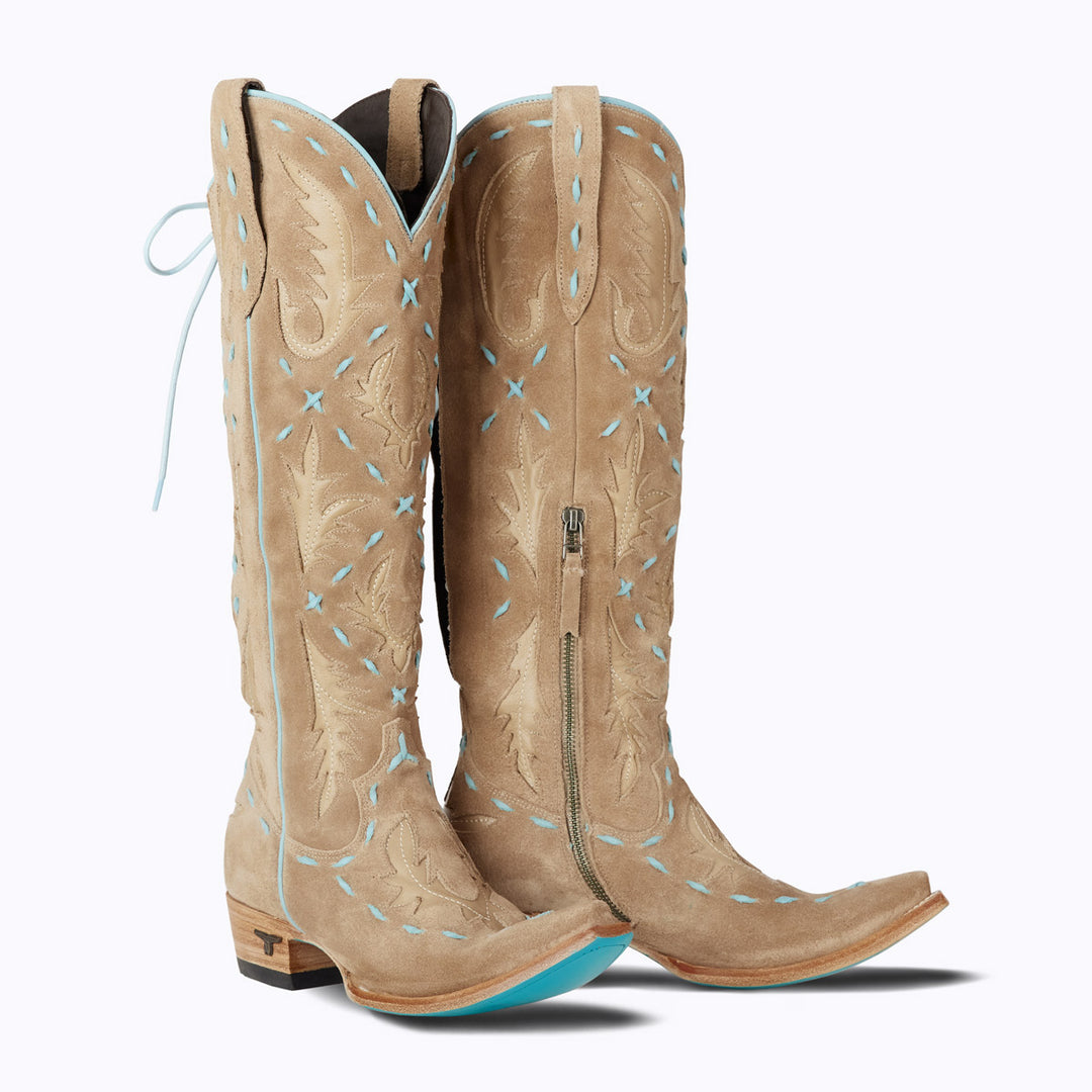 Reverie Knee High Corset x West Desperado - Latte Suede and Powder Blue Ladies Boot Latte Suede and Powder Blue Western Fashion by Lane