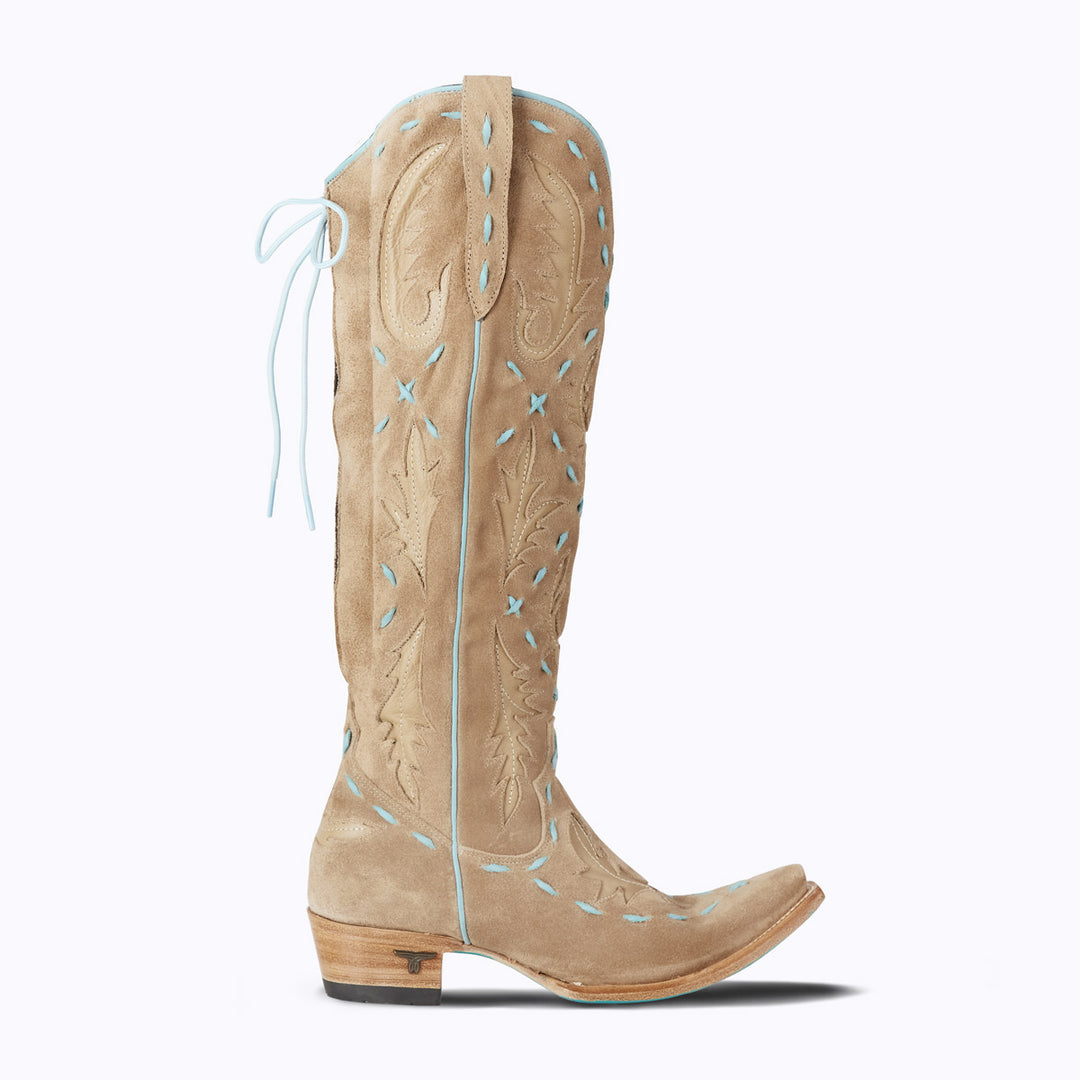 Reverie Knee High Corset x West Desperado - Latte Suede and Powder Blue Ladies Boot  Western Fashion by Lane