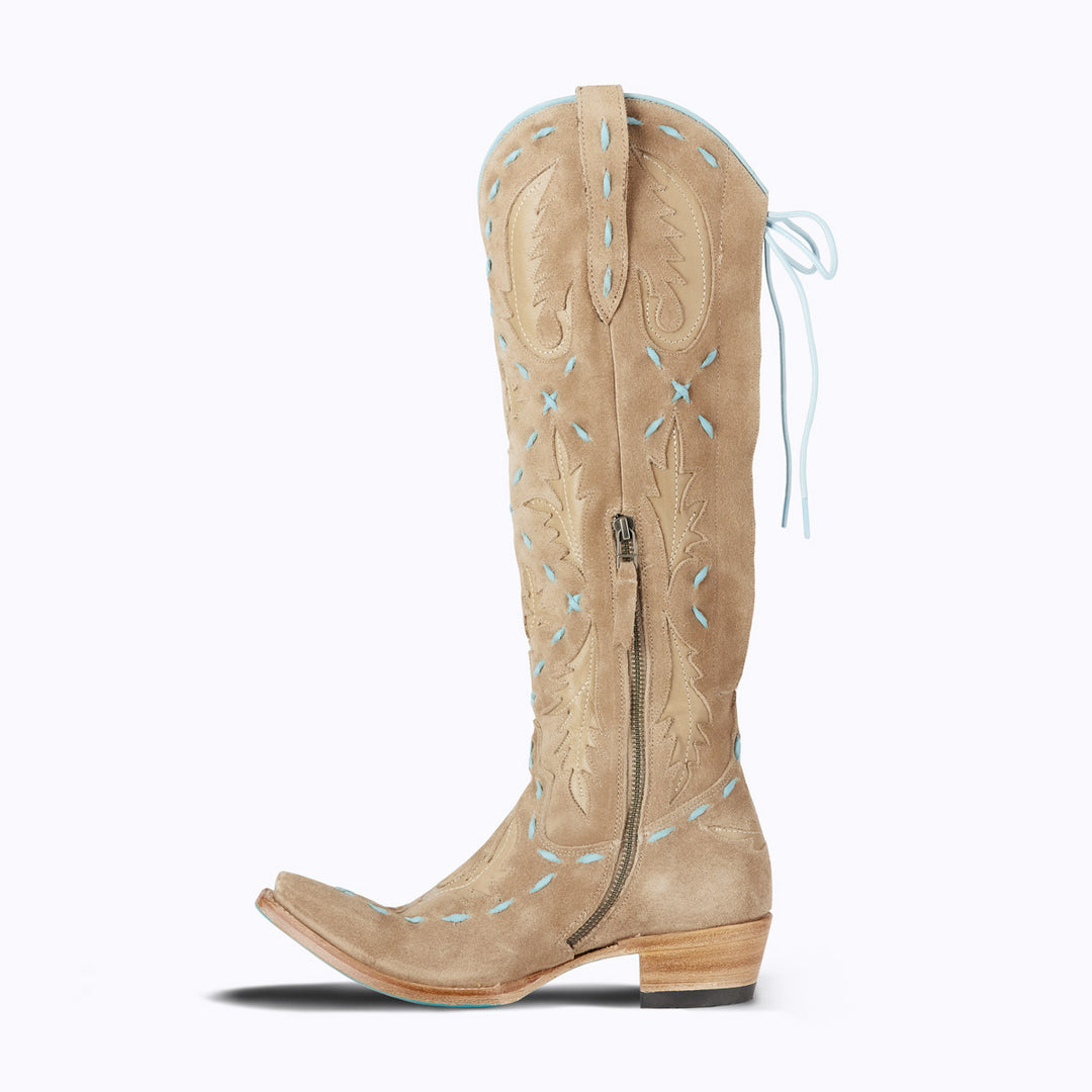 Reverie Knee High Corset x West Desperado - Latte Suede and Powder Blue Ladies Boot  Western Fashion by Lane