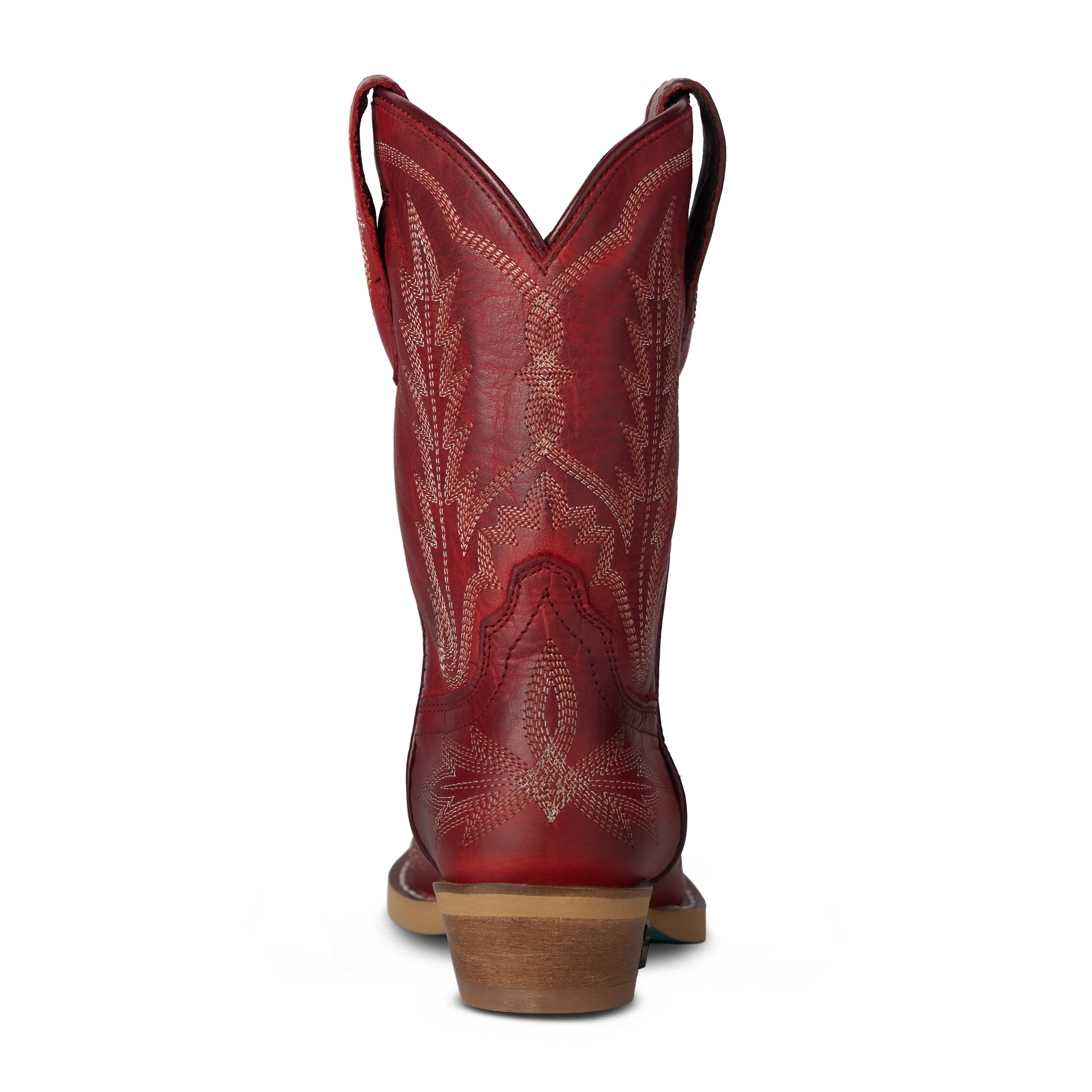 Red cowboy boot with intricate patterns on a white background