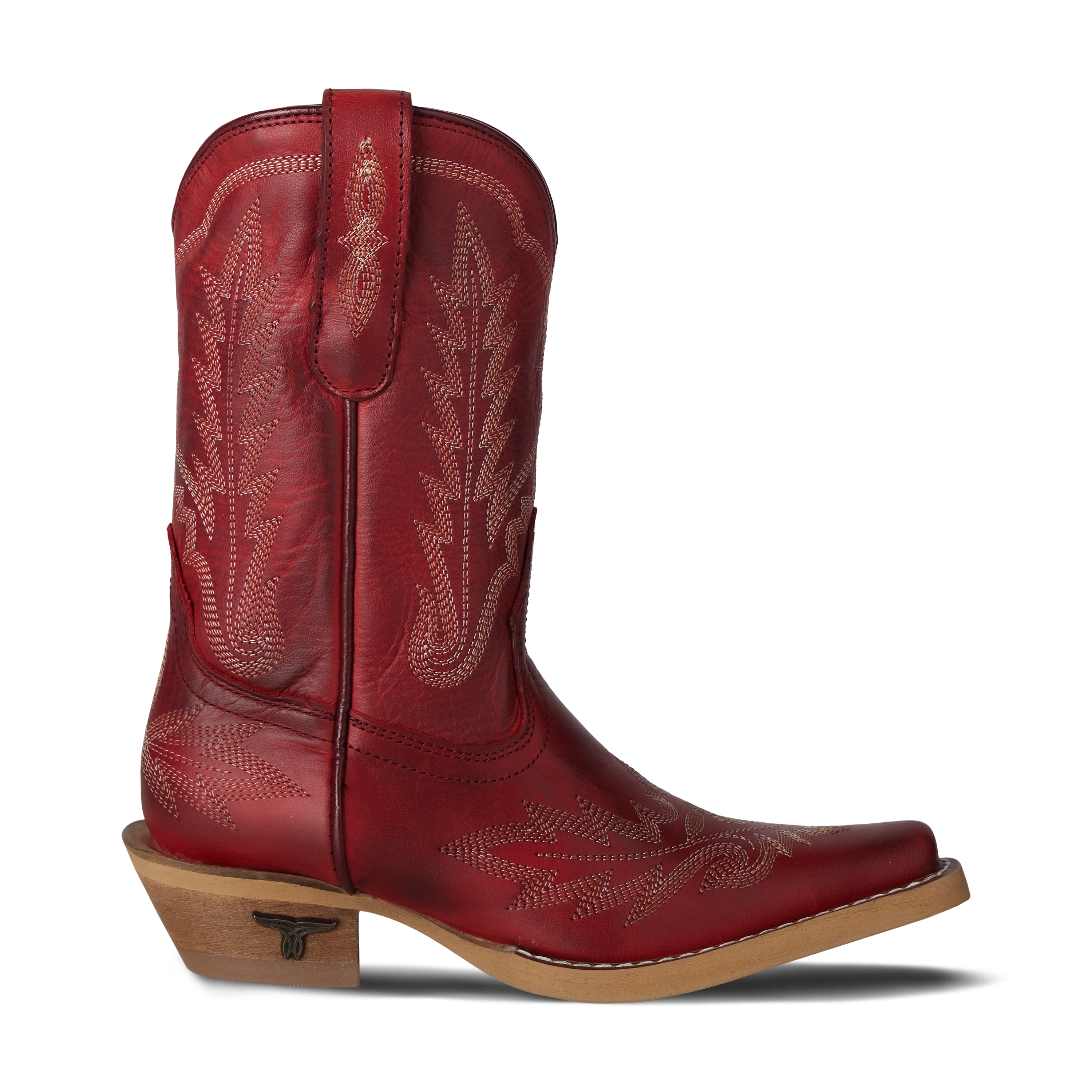 Red cowboy boot with brown sole on a white background