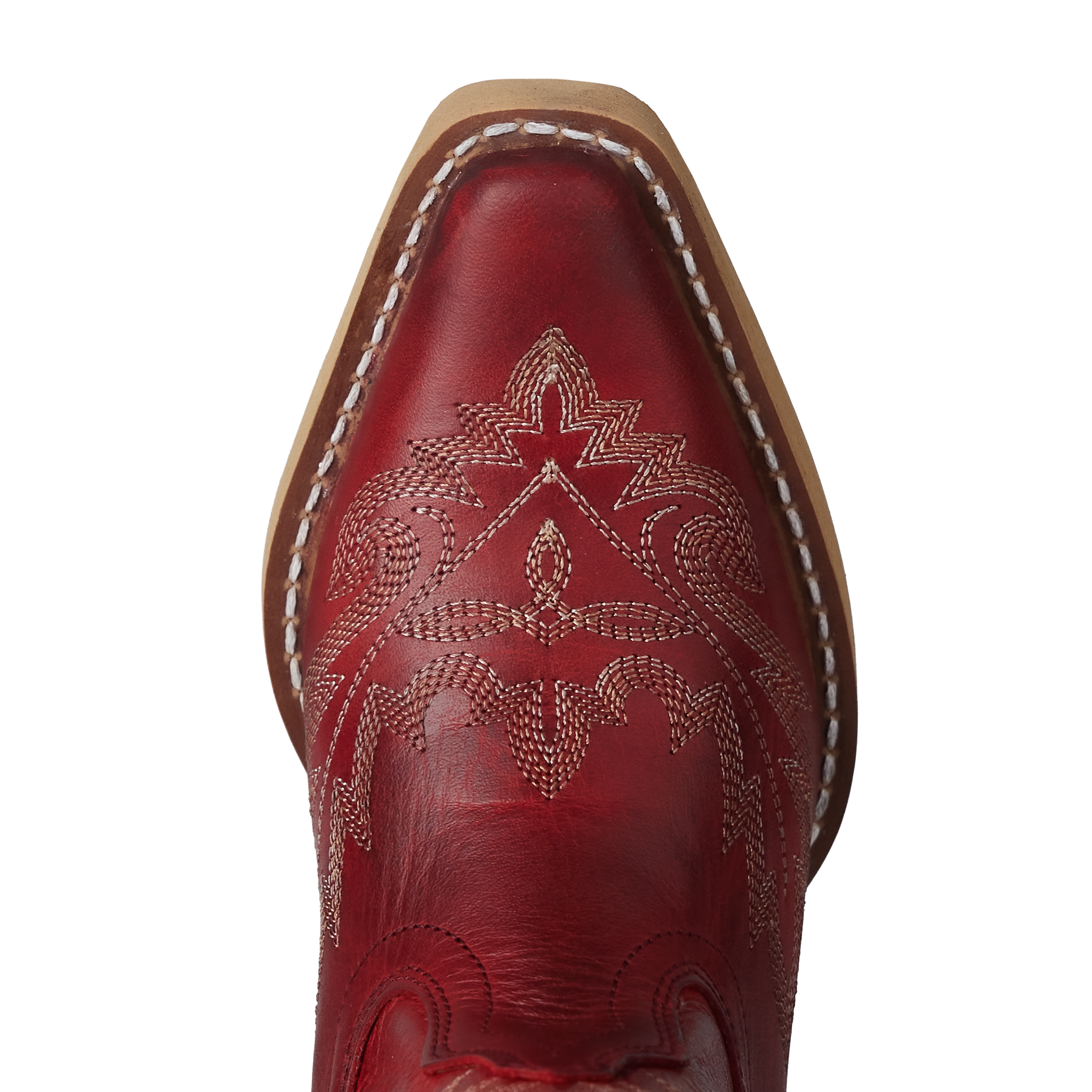 Close-up of a red cowboy boot with intricate stitching on a white background