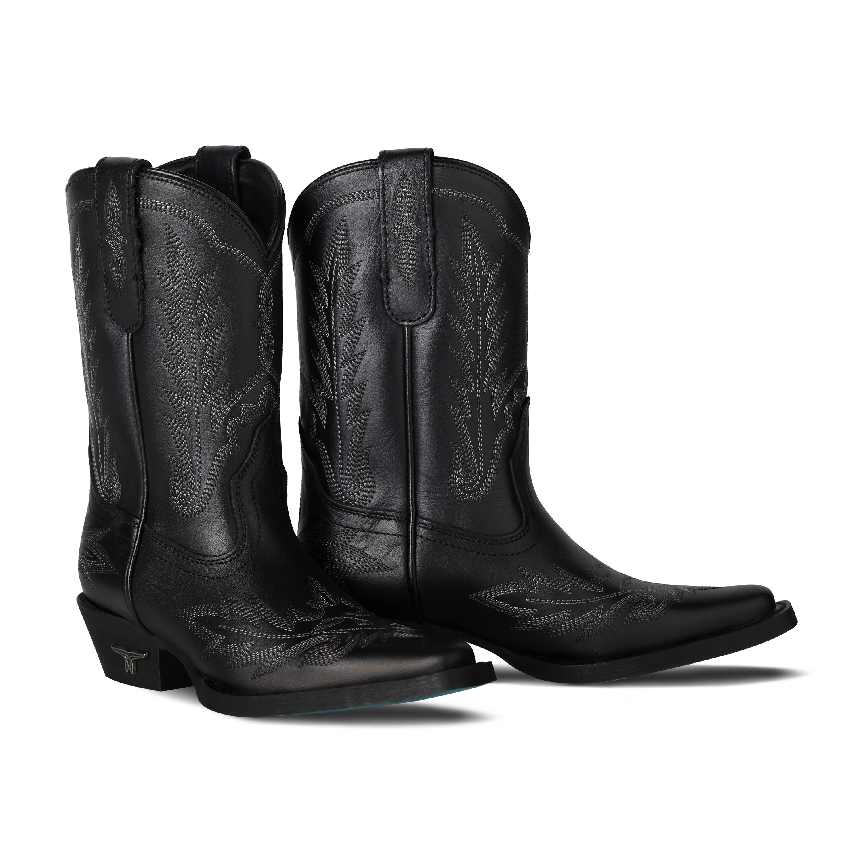 Pair of black cowboy boots on a white background