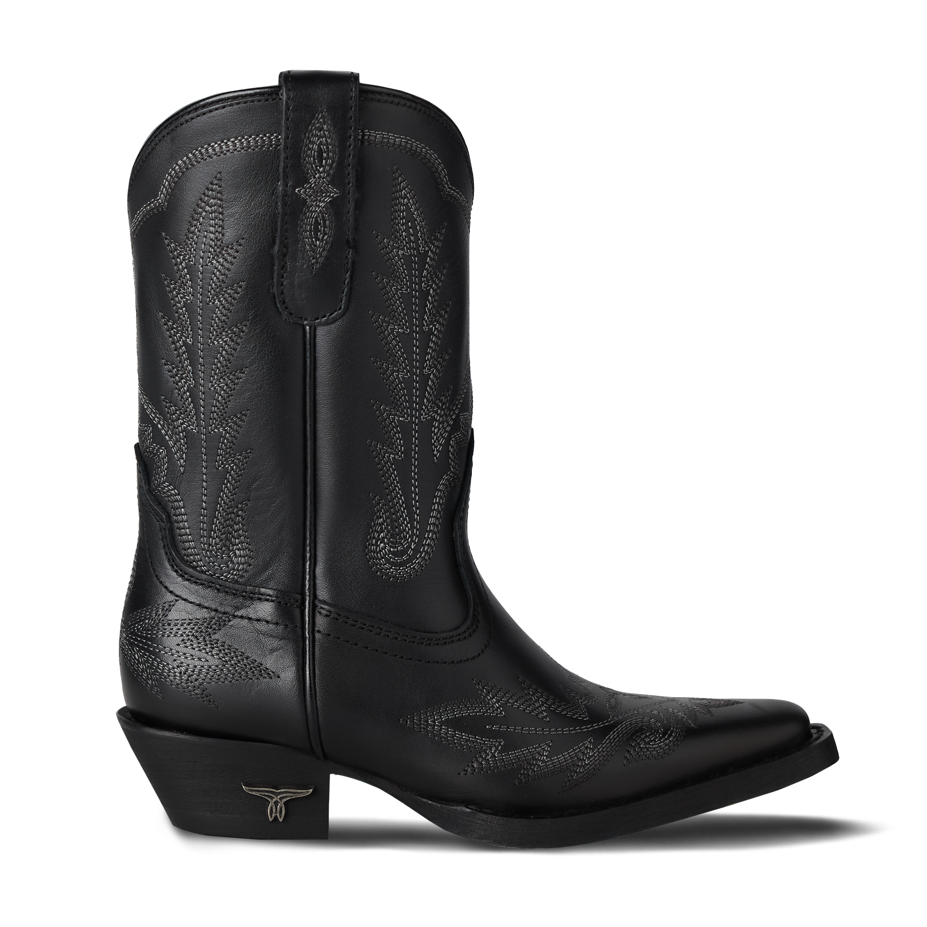 Black cowboy boot with intricate designs on a white background