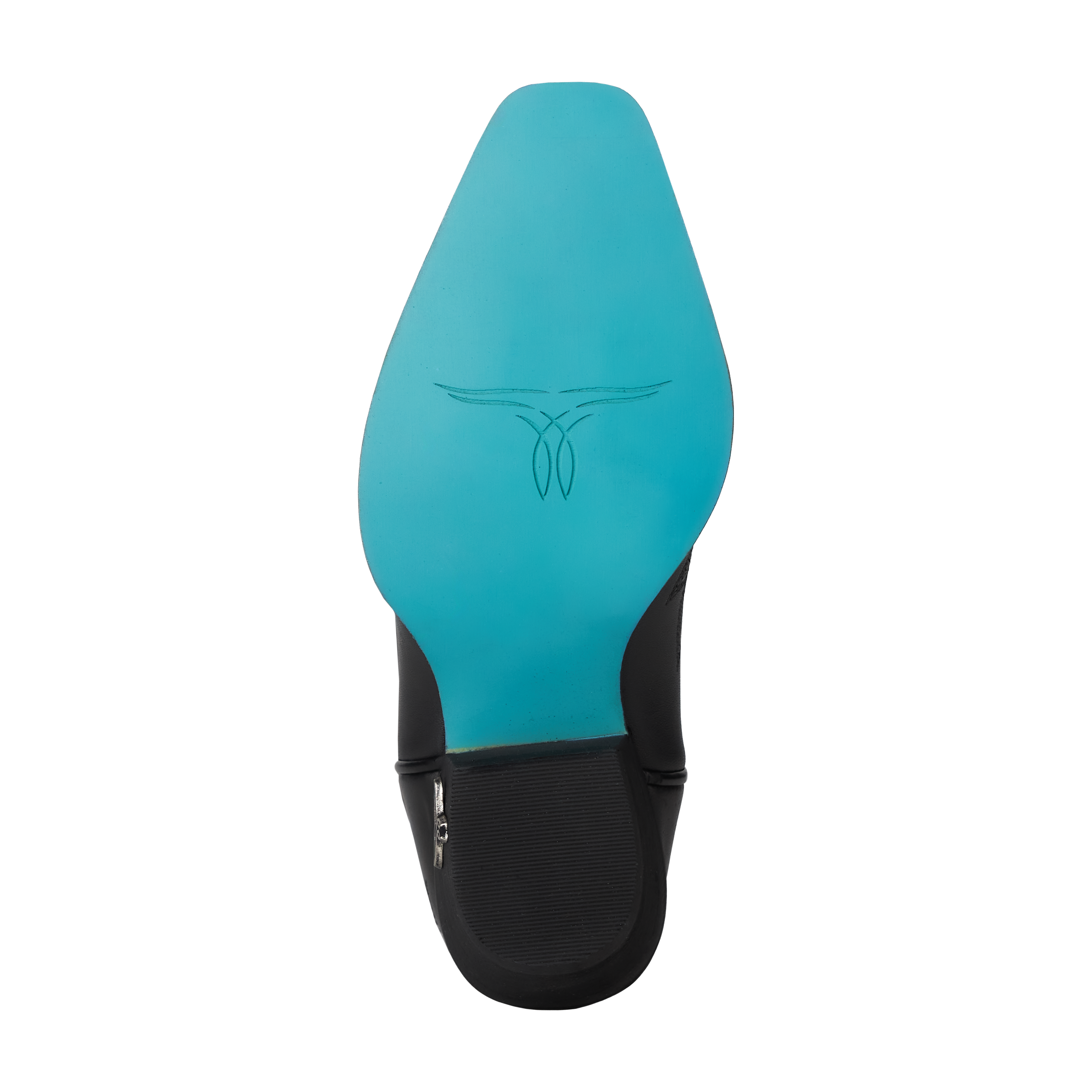 Turquoise and black shoe sole with a brand logo on a white background