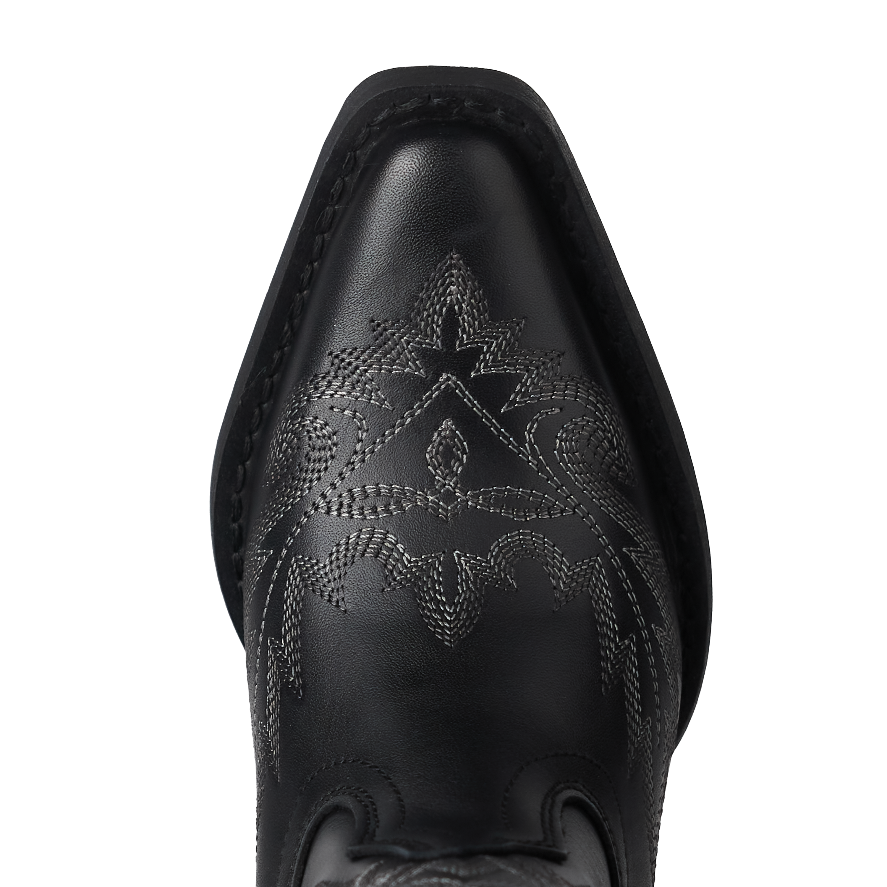 Black leather boot with intricate star design on a white background