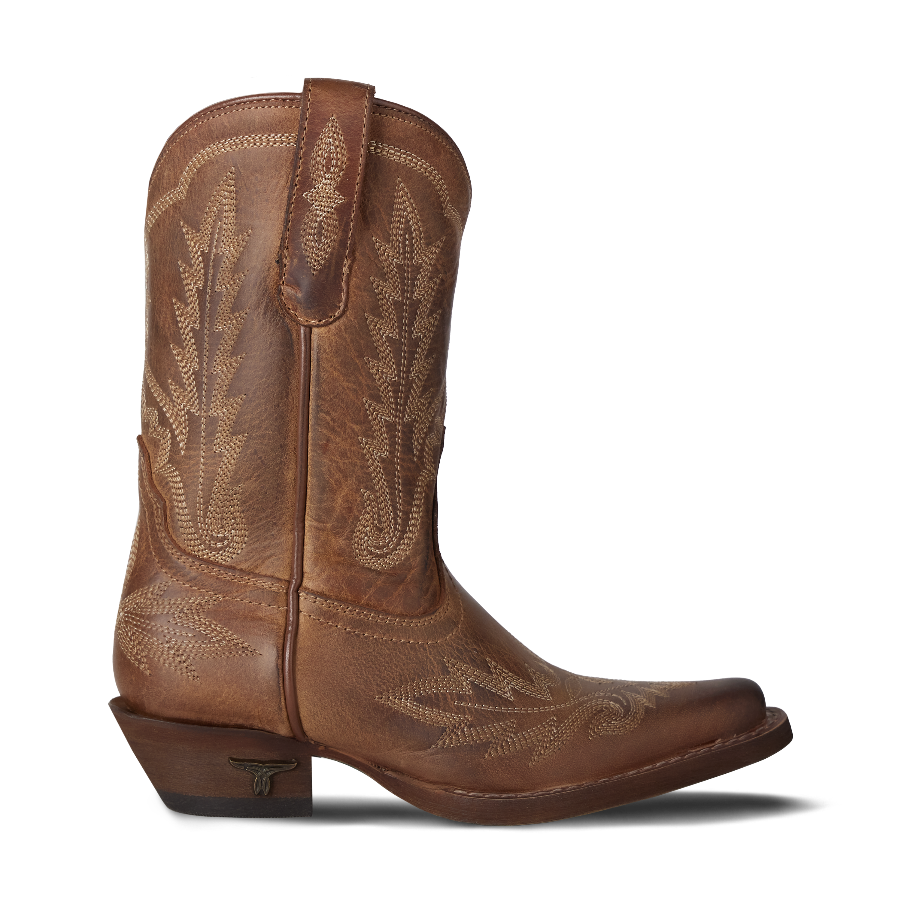 Brown cowboy boot with intricate embossing on a white background