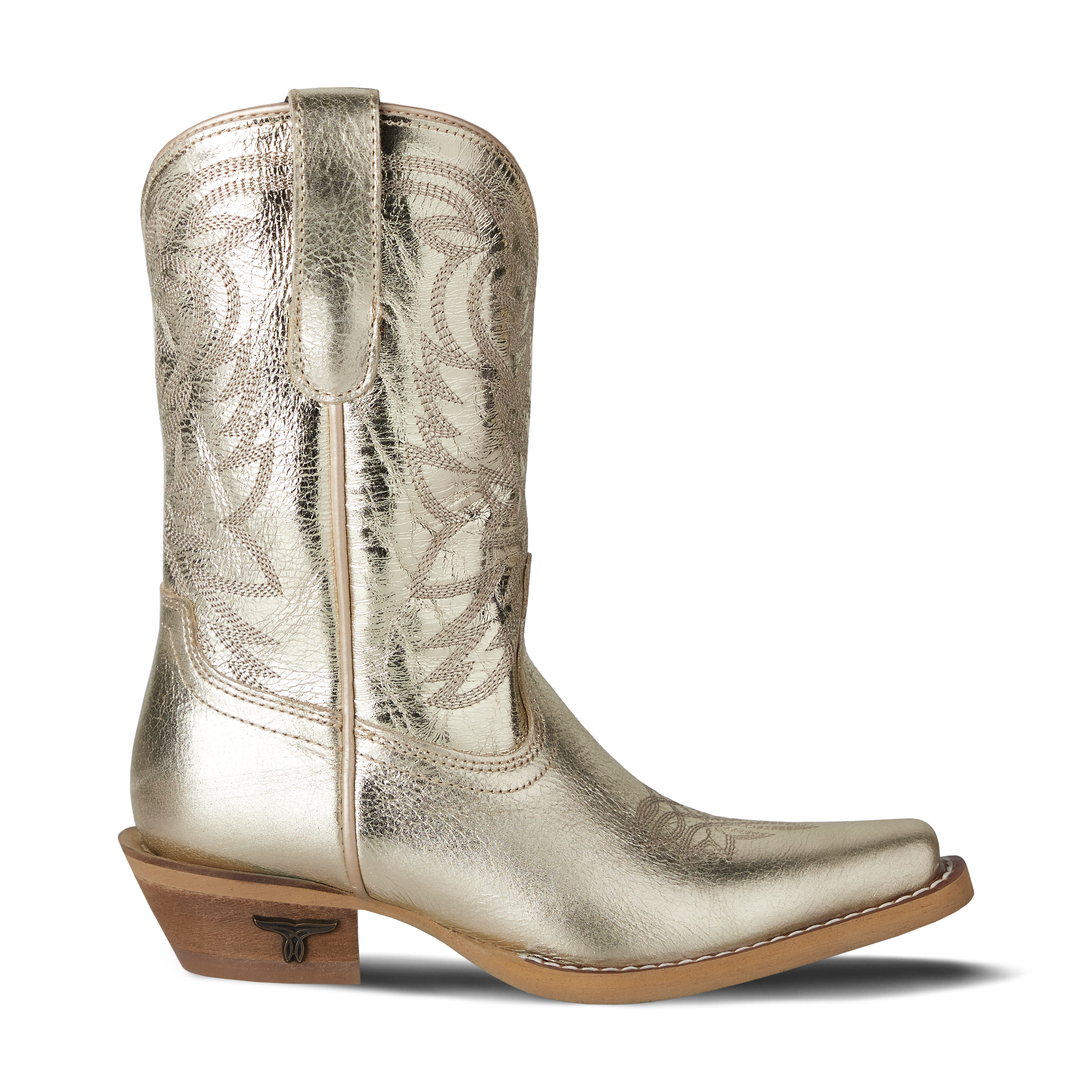 Gold metallic cowboy boot on a white background