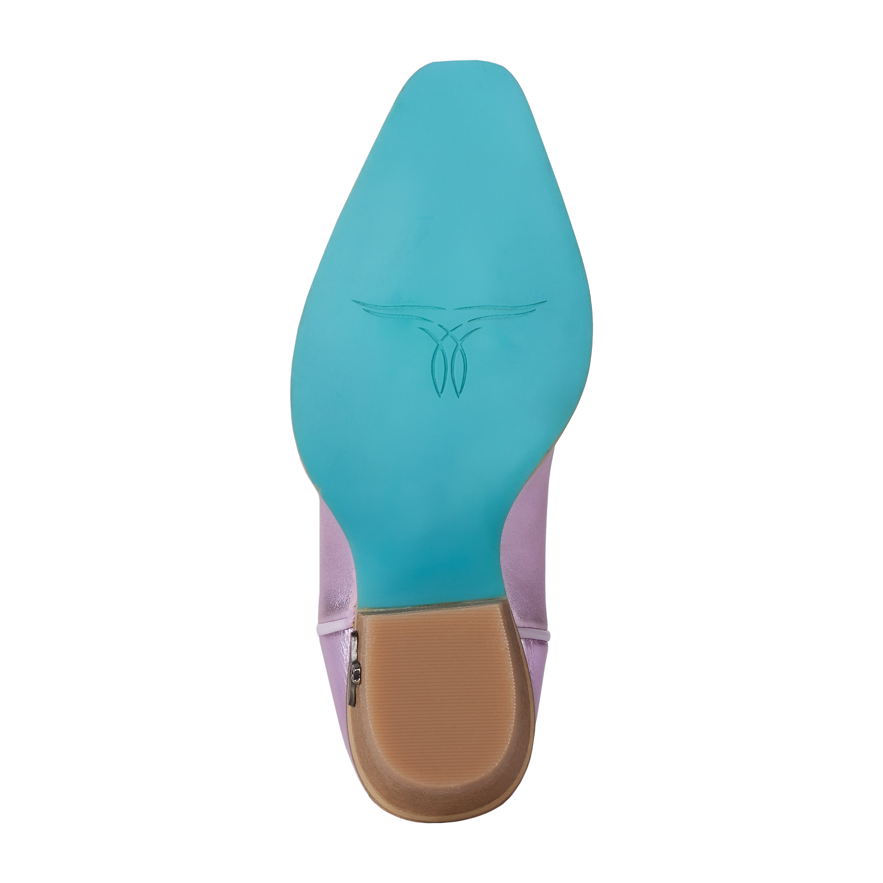 Close-up of a shoe sole with a blue insole and brown sole on a white background