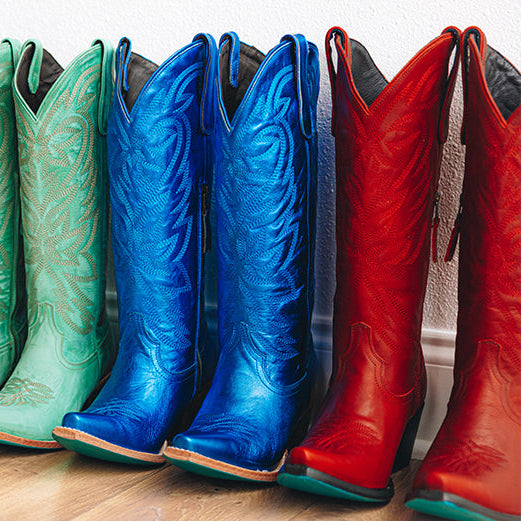 Smokeshow Collection by Lane Boots Showing Red, Blue and Green Metallic 