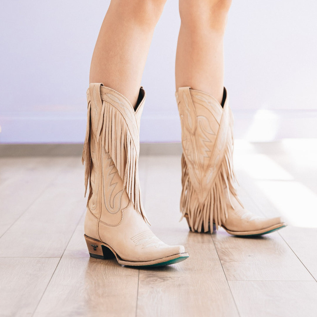 Senita Falls Boot | Snip Toe Fringe Cowgirl Boots in Bone Tan