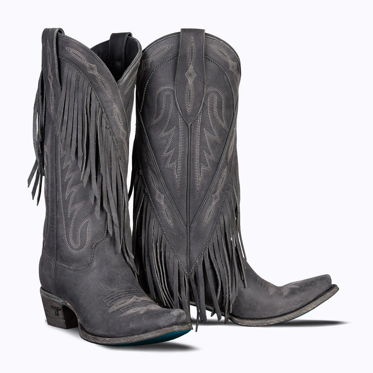 Senita Falls Snip Toe Fringe Cowgirl Boots in Distressed Jet Black